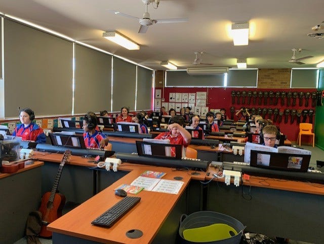 students using keyboards in music room